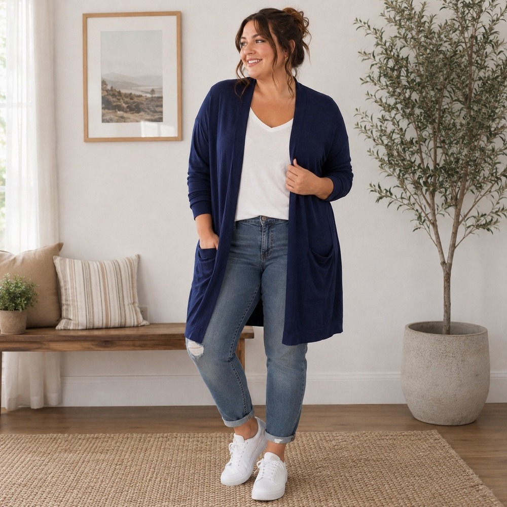 Belle by Kim Gravel Navy Blue Long Open Front Cardigan Duster XL Pockets